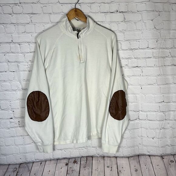 Orvis Mens Beige Quarter Zip Pullover Brown Elbow Patches size L Large LOOK PICS - Picture 1 of 9